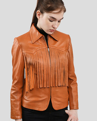 Women's Fleur Tan Biker Fringes Leather Jacket – view 5