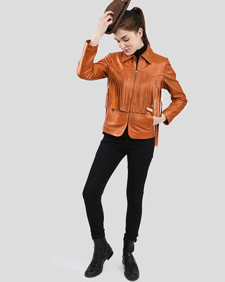 Women's Fleur Tan Biker Fringes Leather Jacket – view 6