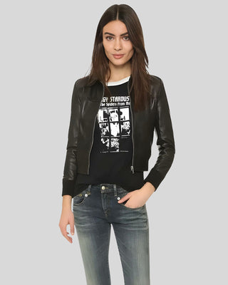 Women's Halle Black Bomber Leather Jacket – view 3