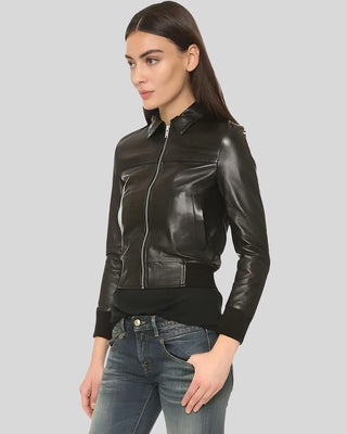 Women's Halle Black Bomber Leather Jacket – view 4