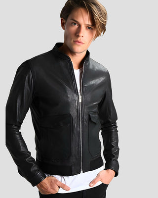 Men's Juan Black Leather Racer Jacket – view 3