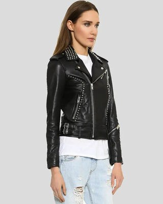 Women's Kimora Black Studded Leather Jacket – view 3