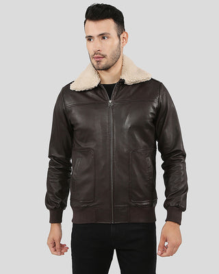 Men's Knox Brown Bomber Leather Jacket with Removable Collar
