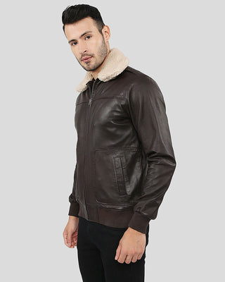 Men's Knox Brown Bomber Leather Jacket with Removable Collar – view 9