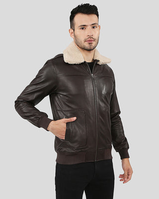 Men's Knox Brown Bomber Leather Jacket with Removable Collar – view 2
