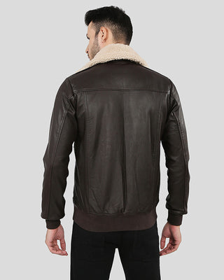 Men's Knox Brown Bomber Leather Jacket with Removable Collar – view 3