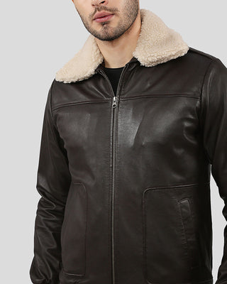 Men's Knox Brown Bomber Leather Jacket with Removable Collar – view 4