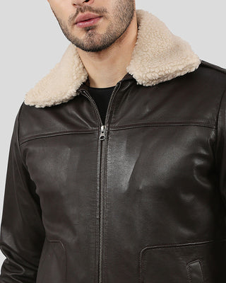 Men's Knox Brown Bomber Leather Jacket with Removable Collar – view 5