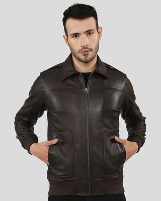 Men's Knox Brown Bomber Leather Jacket with Removable Collar – view 7
