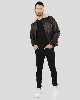 Men's Knox Brown Bomber Leather Jacket with Removable Collar – view 8