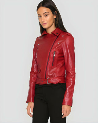 Women's Mavis Red Biker Leather Jacket – view 3