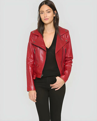 Women's Mavis Red Biker Leather Jacket – view 4