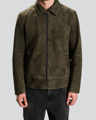 Men’s Thiago Green Suede Jacket with Minimal Zip Design 1