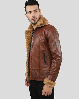 Men's Dalton Brown Leather Aviator Jacket with Shearling Lining & Collar