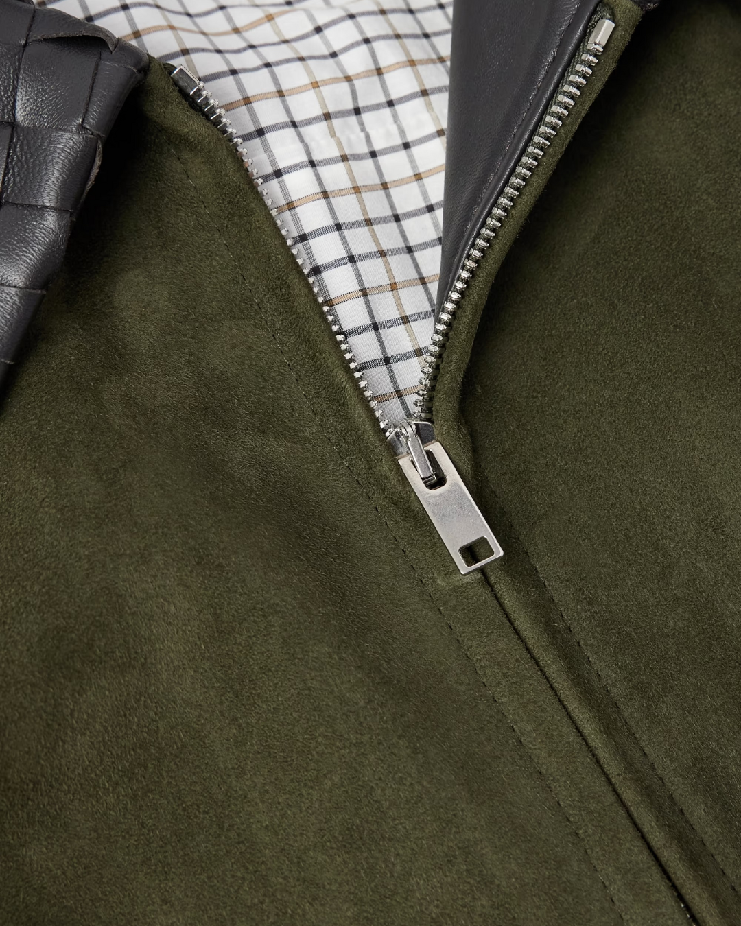Men's Bradford Olive Suede Bomber Jacket with Woven Leather Collar