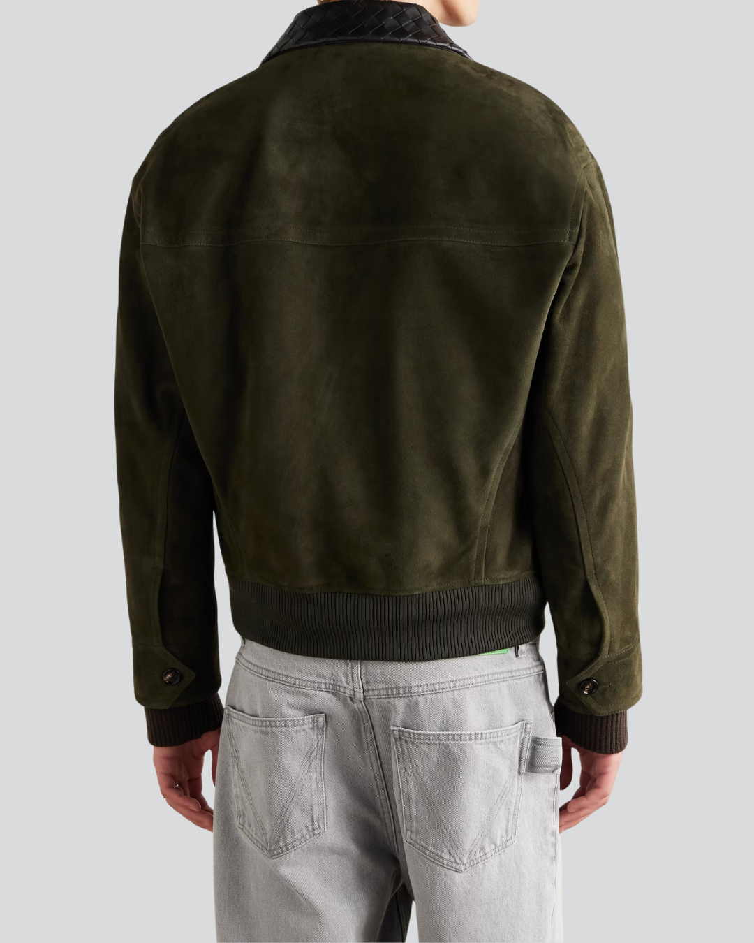 Men's Bradford Olive Suede Bomber Jacket with Woven Leather Collar
