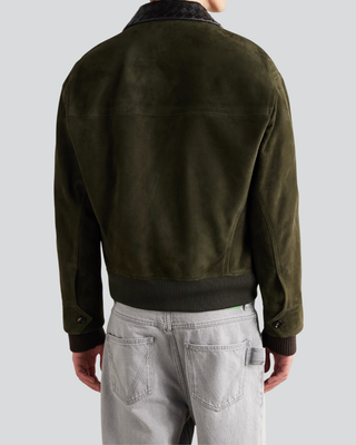 Mens Bradford Olive Suede Bomber Jacket with Woven Leather Collar 3