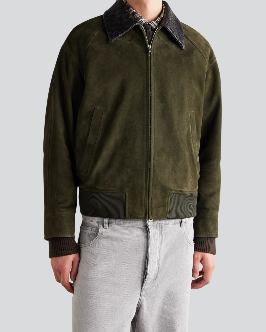 Men's Bradford Olive Suede Bomber Jacket with Woven Leather Collar