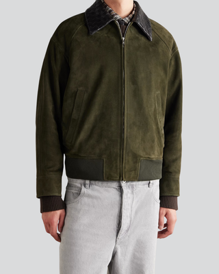 Mens Bradford Olive Suede Bomber Jacket with Woven Leather Collar 5