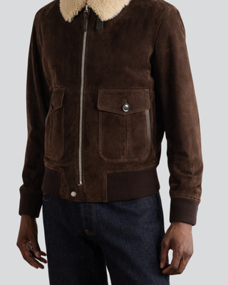 Mens Orson Brown Suede Leather Jacket with Shearling Collar 7