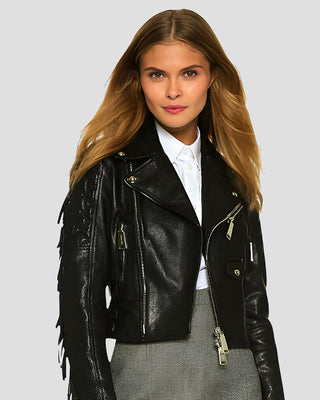 Women's Miray Black Biker Fringes Leather Jacket