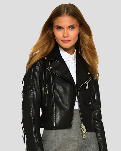 Miray Black Biker Fringes Leather Jacket 1