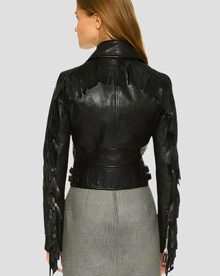 Women's Miray Black Biker Fringes Leather Jacket – view 2