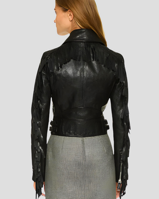Miray Black Biker Fringes Leather Jacket 2