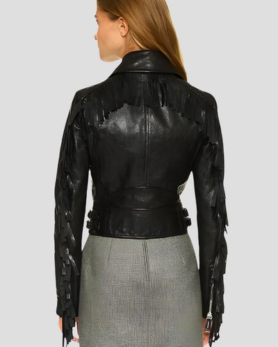 Miray Black Biker Fringes Leather Jacket 2