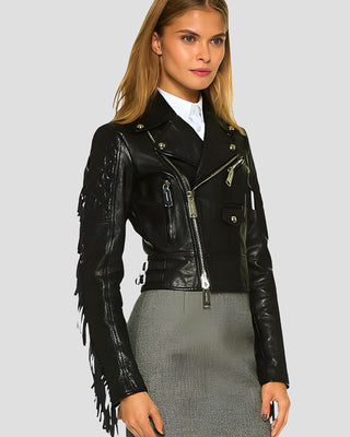 Women's Miray Black Biker Fringes Leather Jacket – view 3