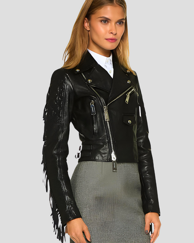 Miray Black Biker Fringes Leather Jacket 3