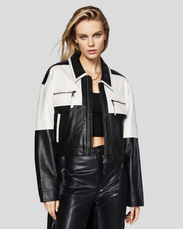 Women s Monochrome Moto Leather Biker Jacket Black White