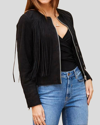 Women's Midnight Black Suede Fringe Collar Less Leather Jacket