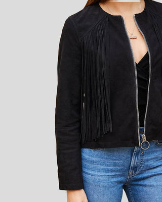 Women's Midnight Black Suede Fringe Collar Less Leather Jacket – view 2