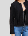 Midnight Black Suede Fringe Collar Less Leather Jacket 2