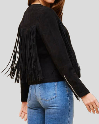 Women's Midnight Black Suede Fringe Collar Less Leather Jacket – view 3