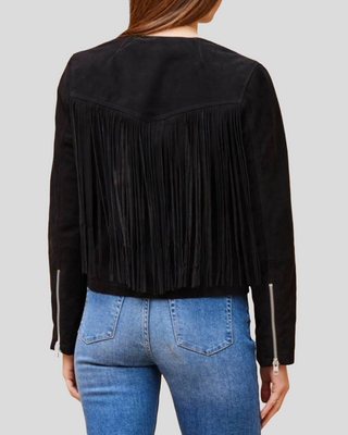 Midnight Black Suede Fringe Collar Less Leather Jacket 4