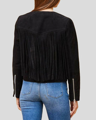 Women's Midnight Black Suede Fringe Collar Less Leather Jacket – view 5