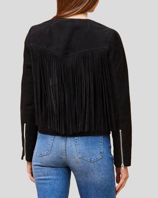 Midnight Black Suede Fringe Collar Less Leather Jacket 5