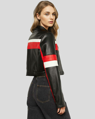 Women's Velocity Racer Black Crop Moto Leather Jacket with Red and White Stripes – view 2