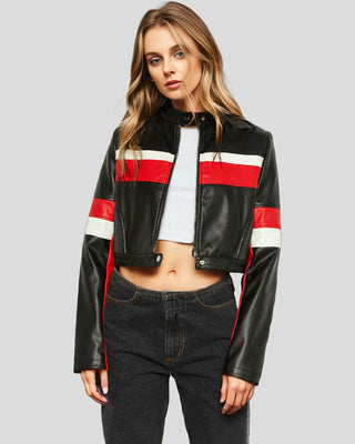 Women's Velocity Racer Black Crop Moto Leather Jacket with Red and White Stripes