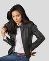 City Sleek Women's Fitted Black Leather Jacket with Textured Sleeves 2