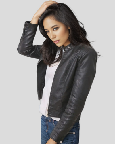 City Sleek Women's Fitted Black Leather Jacket with Textured Sleeves 3