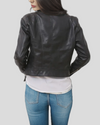 City Sleek Women's Fitted Black Leather Jacket with Textured Sleeves 4