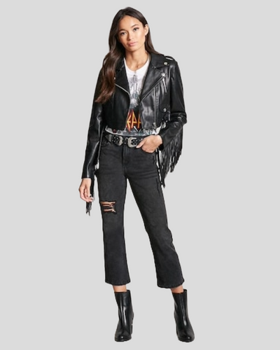 Lori Black Biker Fringes Leather Jacket 1