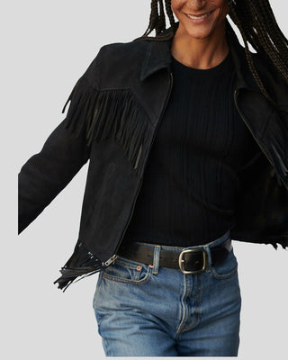 Women's Boho Luxe Fringe Black Suede Jacket – view 3