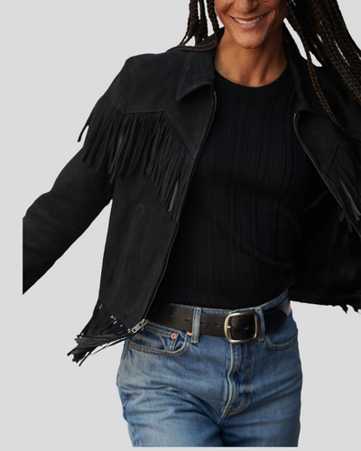 Boho Luxe Fringe Black Suede Jacket 3