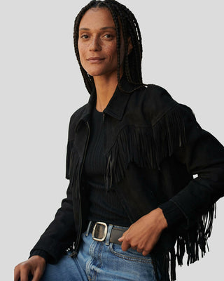 Women's Boho Luxe Fringe Black Suede Jacket – view 4