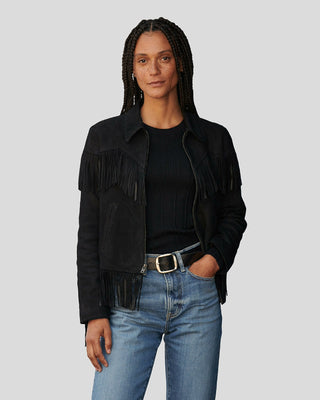 Women's Boho Luxe Fringe Black Suede Jacket