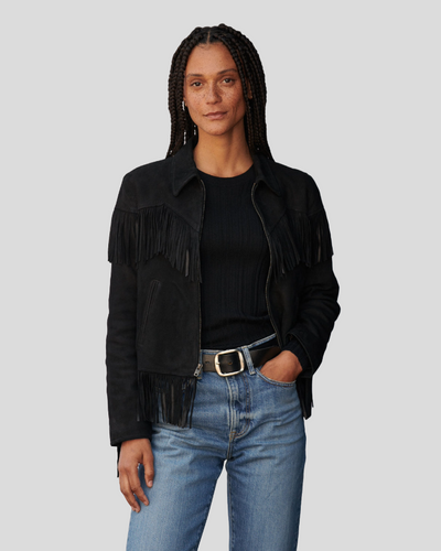 Boho Luxe Fringe Black Suede Jacket 1